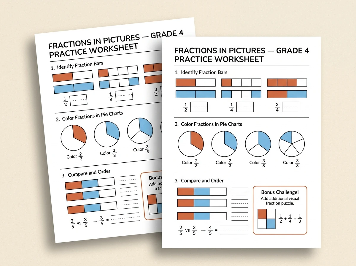 Personalized Grade 4 Fractions in Pictures Math Practice Worksheet PDF Preview